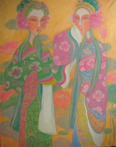 Painting titled "two girls-1" by Ma Xiaoping, Original Artwork, Oil
