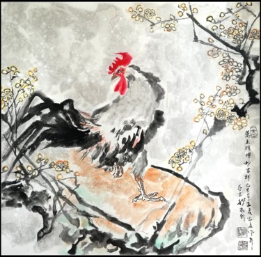 Peinture intitulée "Rooster In Snow Wit…" par Rongsong Xie 谢荣松, Œuvre d'art originale, Pigments