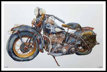 Schilderij getiteld "harley-davidson-lef…" door Pascal Serviès, Origineel Kunstwerk, Aquarel