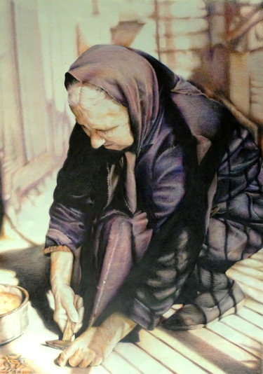 Drawing titled "Grandma" by Xristastavrou, Original Artwork, Pencil Mounted on Wood Panel