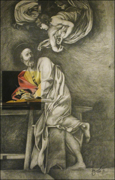 Drawing titled "Saint Matthew and t…" by Xristastavrou, Original Artwork, Pencil Mounted on Wood Panel