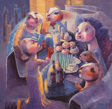 Painting titled "MY WORLD IV - A FAM…" by Xu Bin, Original Artwork, Oil Mounted on Wood Stretcher frame