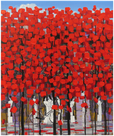 Painting titled "Row of red trees #12" by Xuan Khanh Nguyen, Original Artwork, Acrylic