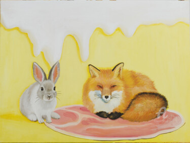 Peinture intitulée "fox and rabbit" par Zhangxuewei, Œuvre d'art originale