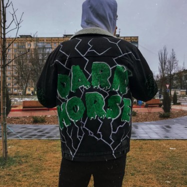 Custom insulated denim jacket Art textile intitulée "Custom insulated de…" par Xxs Cass, Œuvre d'art originale, Acrylique