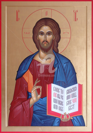 Schilderij getiteld "Christ Pantocrator" door Yurii Hrechyn, Origineel Kunstwerk, Acryl