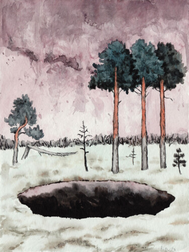 Malerei mit dem Titel "Marsh pond" von Yuliya Kachan, Original-Kunstwerk, Aquarell