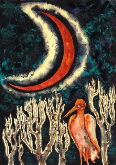 Картина под названием "Red moon" - Yuliya Kachan, Подлинное произведение искусства, Акварель