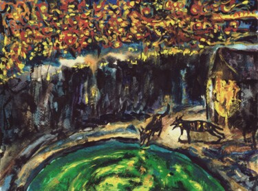 Pintura intitulada "Secret pond" por Yuliya Kachan, Obras de arte originais, Aquarela