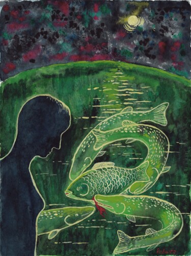 Pittura intitolato "Moonlight" da Yuliya Kachan, Opera d'arte originale, Acquarello