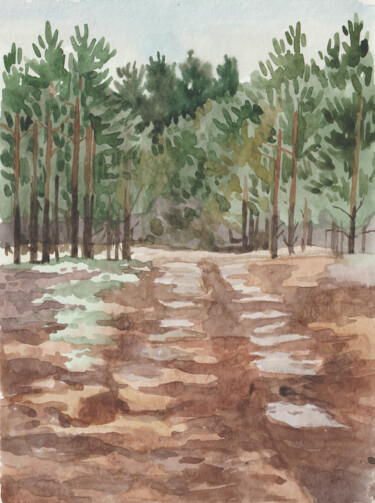 Painting titled "Forest road" by Yuliya Kachan, Original Artwork, Watercolor