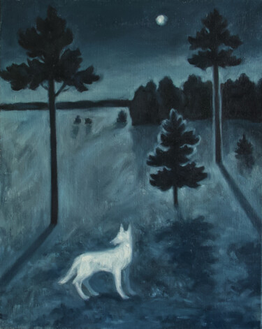 Painting titled "Moonlight night" by Yuliya Kachan, Original Artwork, Oil Mounted on Wood Stretcher frame