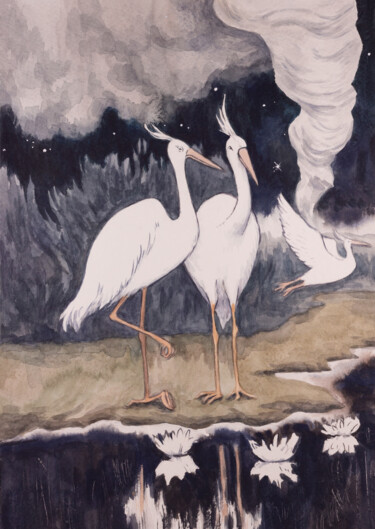 Peinture intitulée "White herons" par Yuliya Kachan, Œuvre d'art originale, Aquarelle