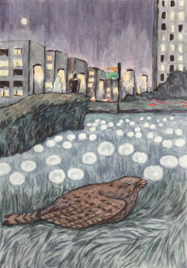 Painting titled "Nightjar in the city" by Yuliya Kachan, Original Artwork, Watercolor