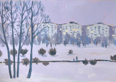 Картина под названием "Winter evening" - Yuliya Kachan, Подлинное произведение искусства, Темпера