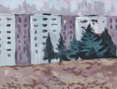 Painting titled "City etude with blu…" by Yuliya Kachan, Original Artwork, Tempera