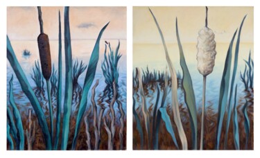 Painting titled "Cattails (diptych)" by Yuliya Kachan, Original Artwork, Oil Mounted on Wood Stretcher frame