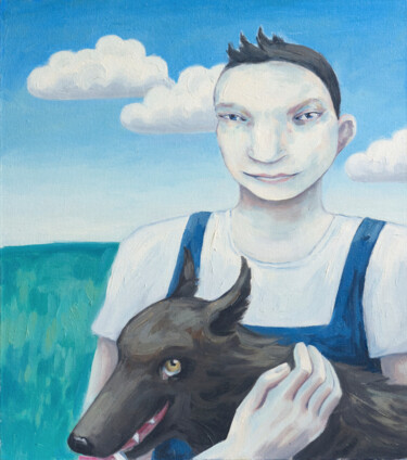 Peinture intitulée "Boy and dog" par Yuliya Kachan, Œuvre d'art originale, Huile Monté sur Autre panneau rigide