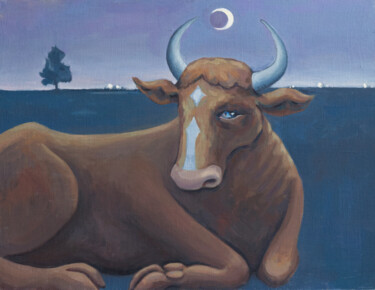 Pittura intitolato "Moon cow" da Yuliya Kachan, Opera d'arte originale, Olio Montato su Altro pannello rigido