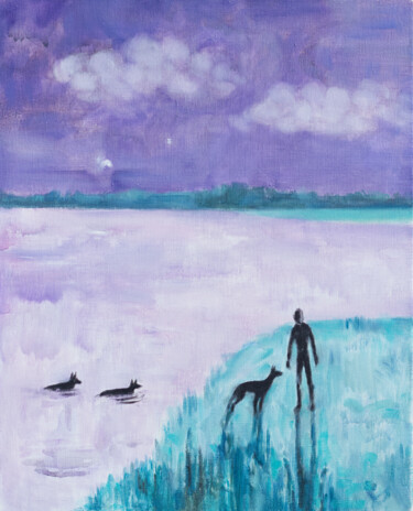 Schilderij getiteld "Lavender night" door Yuliya Kachan, Origineel Kunstwerk, Olie Gemonteerd op Frame voor houten brancard