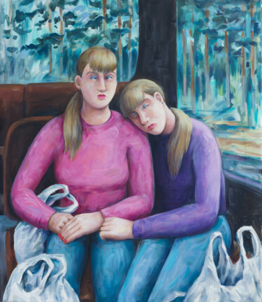 Painting titled "Shopping day" by Yuliya Kachan, Original Artwork, Oil Mounted on Wood Stretcher frame