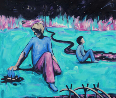 Painting titled "Night fishing" by Yuliya Kachan, Original Artwork, Oil Mounted on Wood Stretcher frame
