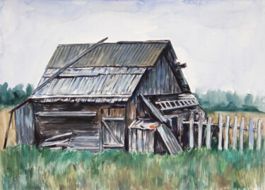 Desenho intitulada "Old  barn" por Yuliya Kachan, Obras de arte originais, Aquarela
