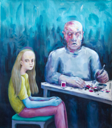 Painting titled "Late dinner" by Yuliya Kachan, Original Artwork, Oil Mounted on Wood Stretcher frame