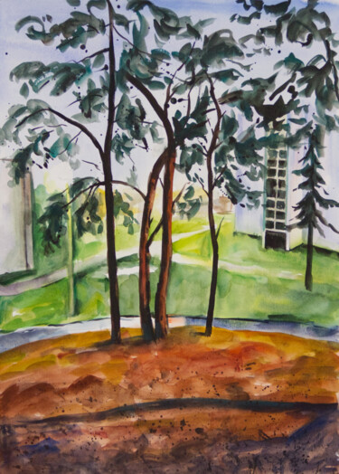 Malerei mit dem Titel "Pine trees" von Yuliya Kachan, Original-Kunstwerk, Aquarell