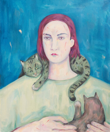 Pintura titulada "Cat lover" por Yuliya Kachan, Obra de arte original, Oleo Montado en Bastidor de camilla de madera