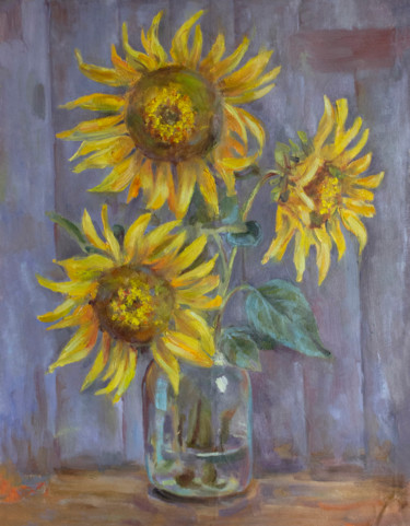 Painting titled "Sunflowers" by Yana Ros, Original Artwork, Oil