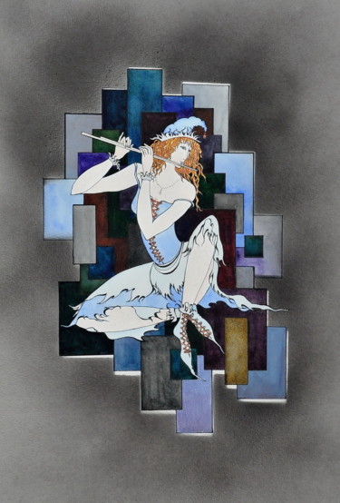 Painting titled "The flutist" by Svitlana Yatsenko, Original Artwork, Watercolor