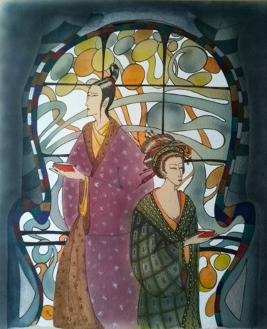 Картина под названием "Tea party" - Svitlana Yatsenko, Подлинное произведение искусства, Акварель