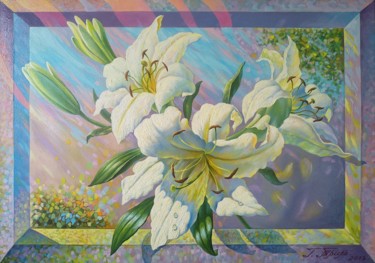 「Картина "Белые лили…」というタイトルの絵画 Георгий Трильによって, オリジナルのアートワーク, オイル ウッドストレッチャーフレームにマウント