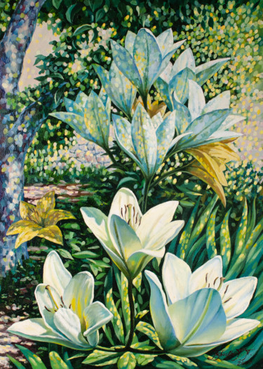 Malerei mit dem Titel "Lilies in the garden" von Georgii Tril, Original-Kunstwerk, Öl