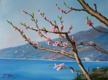 Painting titled "Blooming peach" by Georgii Tril, Original Artwork, Oil Mounted on Wood Stretcher frame