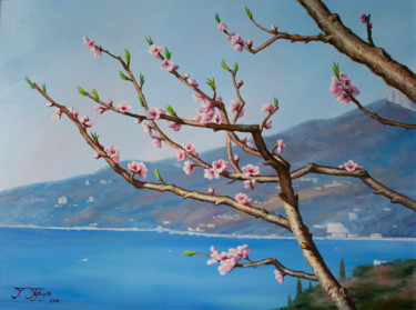 Peinture intitulée "Blooming peach" par Georgii Tril, Œuvre d'art originale, Huile Monté sur Châssis en bois