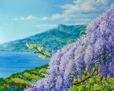 Painting titled "Blooming wisteria" by Georgii Tril, Original Artwork, Oil