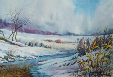 Painting titled "Winter landscape" by Georgii Tril, Original Artwork, Watercolor