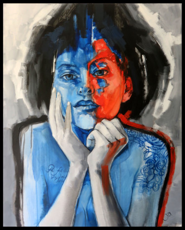 Painting titled "Bleu rouge tattoo 9…" by Yan Bragance, Original Artwork, Acrylic Mounted on Wood Stretcher frame
