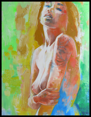 Painting titled "Femme nue tatoo 15P…" by Yan Bragance, Original Artwork, Acrylic Mounted on Wood Stretcher frame
