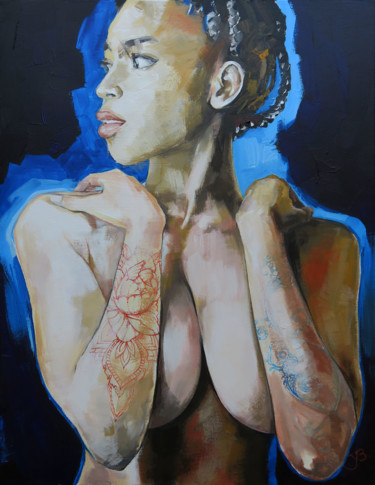 Painting titled "Femme nue tatoo bra…" by Yan Bragance, Original Artwork, Acrylic Mounted on Wood Stretcher frame