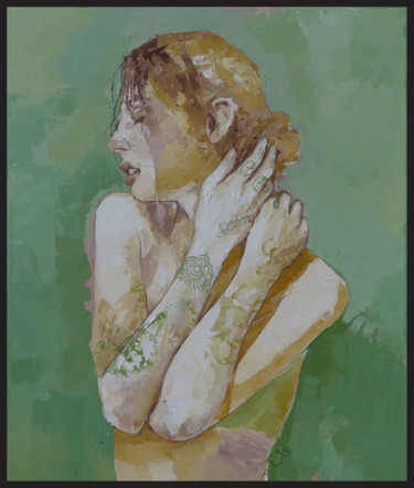 Malerei mit dem Titel "Jeune femme visage…" von Yan Bragance, Original-Kunstwerk, Acryl Auf Keilrahmen aus Holz montiert
