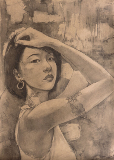 Drawing titled "Divine" by Yan Bragance, Original Artwork, Charcoal Mounted on Other rigid panel