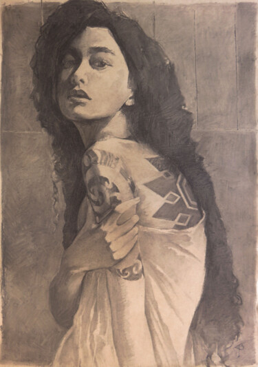 Drawing titled "Brune Toison" by Yan Bragance, Original Artwork, Charcoal Mounted on Other rigid panel