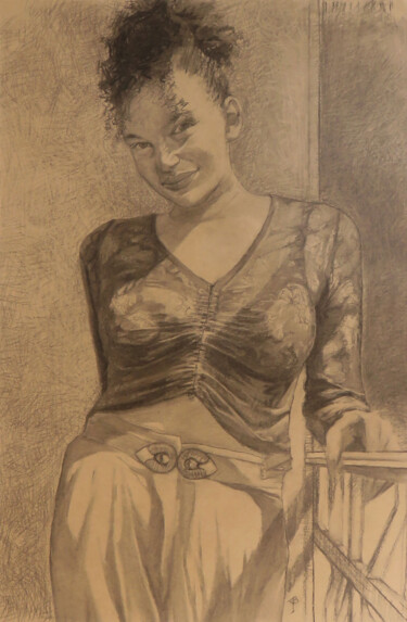 Drawing titled "52 Phoebé au balcon…" by Yan Bragance, Original Artwork, Charcoal Mounted on Cardboard