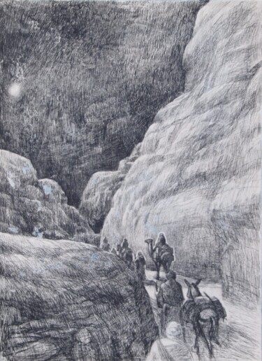 Zeichnungen mit dem Titel "Chemin vers Bethleem" von Yan Vita, Original-Kunstwerk, Graphit