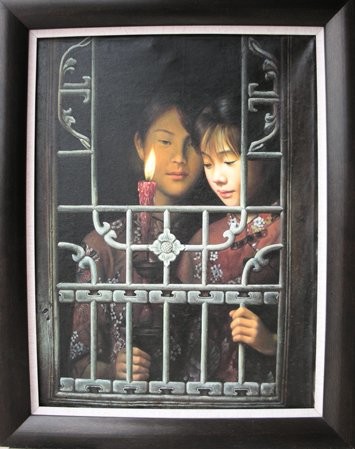 Schilderij getiteld "Two girls with a ca…" door Yan Zhi Yu, Origineel Kunstwerk, Olie