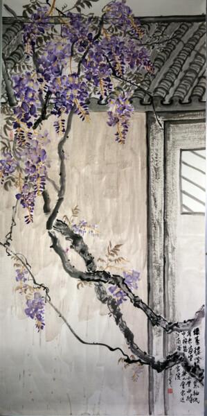 Pintura intitulada "紫藤 屋檐和门" por Yan Zi007, Obras de arte originais, Tinta