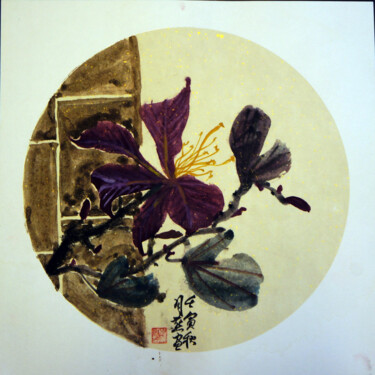 Painting titled "斗方 牡丹（降价）" by Yan Zi007, Original Artwork, Ink